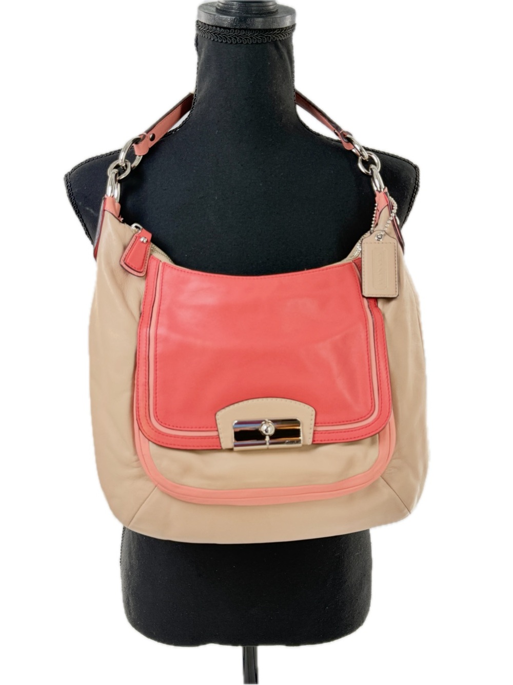 COACH Kristen Color Block Hobo Shoulder Bag Beige Coral Front Pocket Silver Hw